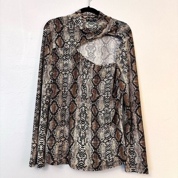 Shein Python Print Mock Neck Stretch Cutout Long Sleeve Top Taupe Tan 2XL - Picture 1 of 4